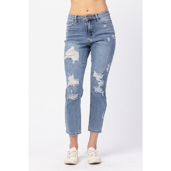 Judy Blue Denim - Judy Blue Hi-Waist Destroyed Boyfriend Fit Distressed Light Wash Jeans Size 28